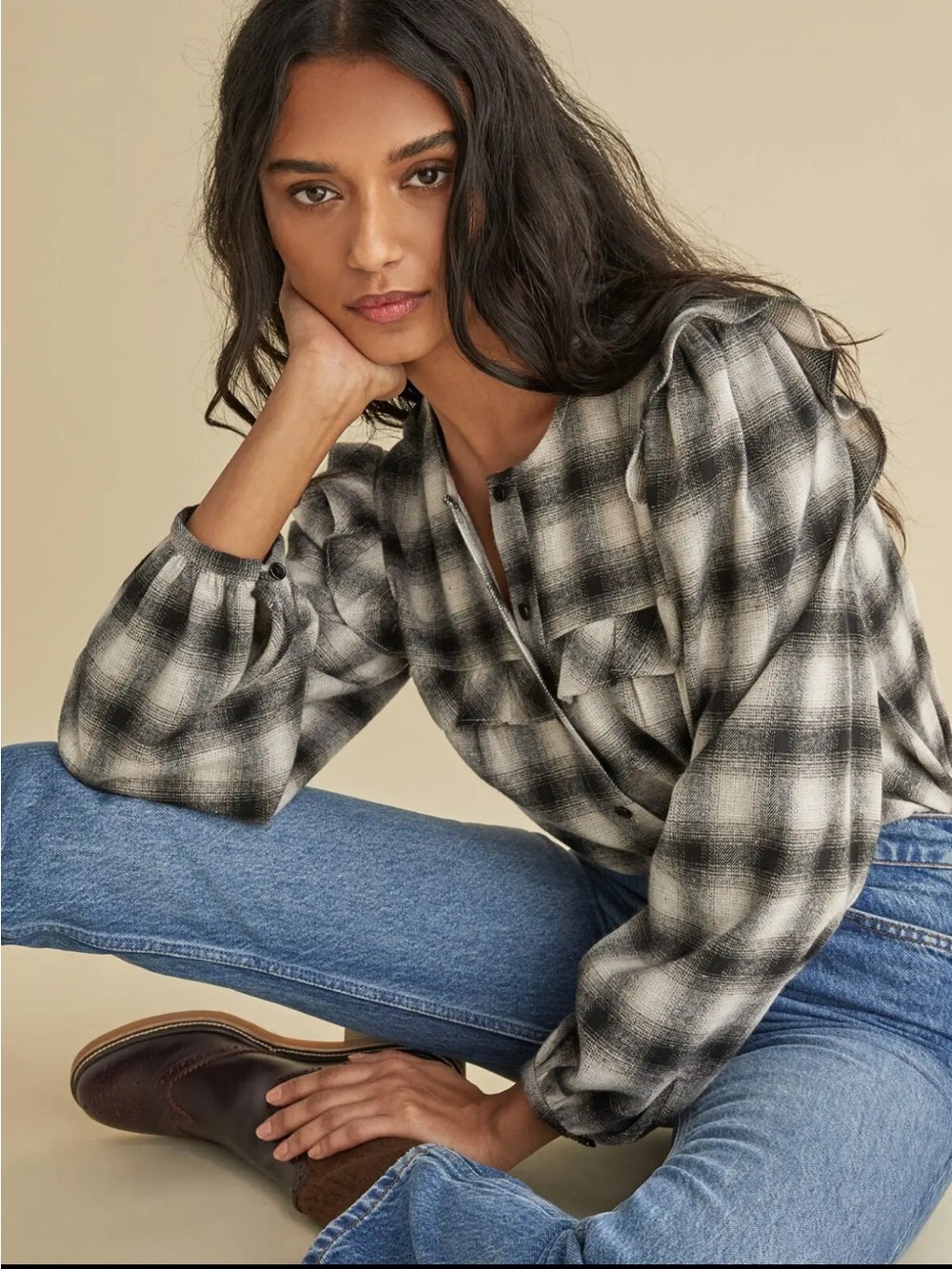 Reformation Plaid Button Down- Size L- Black & White- Boho Western Fall